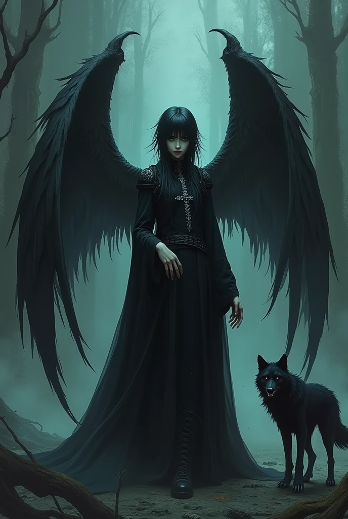 Gothic emo femboy dark wizard with skeleton wing, he has vampire fangs and he has a dark wolf made of darkness that is always with him, he also has a scepter, he has anime features