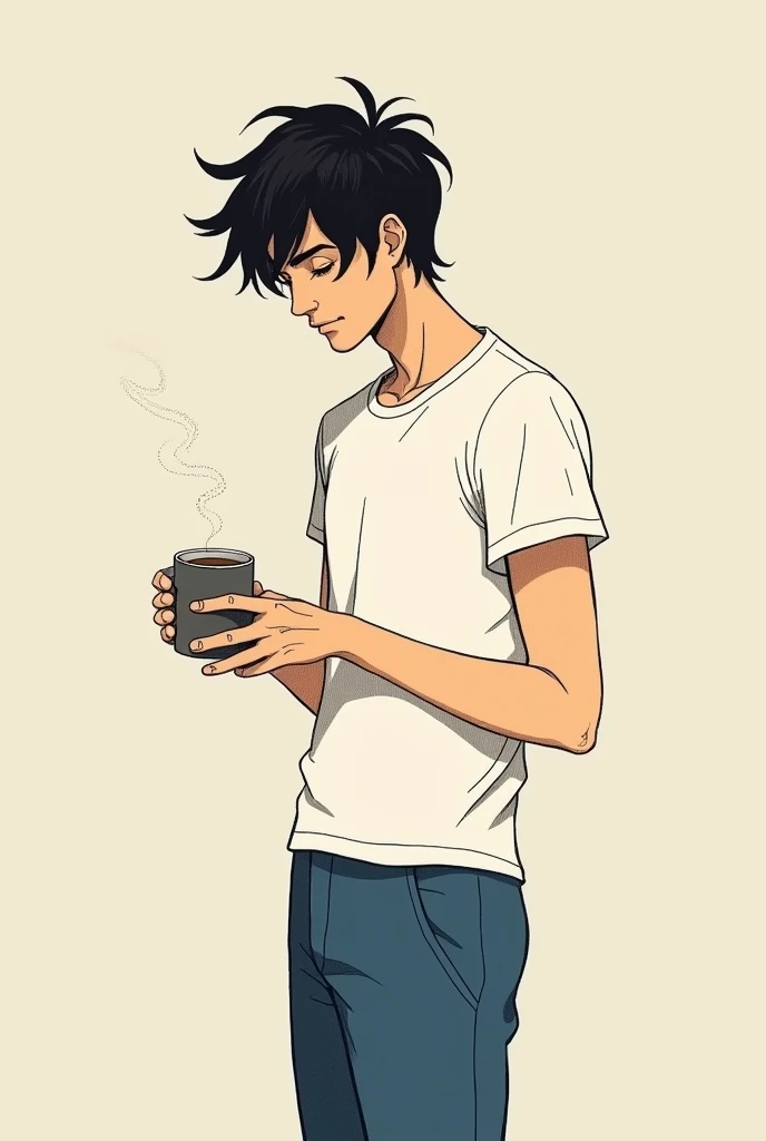 (minimalistic drawing)(dark little color)(young skinny messy hair )(Whiteshirt)(blue pants)the young man prepares a coffee to drink