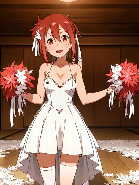 (masterpiece, best quality, ultra-detailed, high resolution, perfect anatomy, detailed, highres, extremely detailed, ultra detailed, very aesthetic:1), (full body:1.1), (nsfw:1.2), (kyoto animation:1.2), (soft shadows), (high quality skin), yuuki_yuna, Yuki Yuna is a brave man, (1girl, 独奏, hair ornament, red eyes, hair between eyes, White hair ribbon, bright red hair, side ponytail:1.1), (wedding dress:1.4), standing