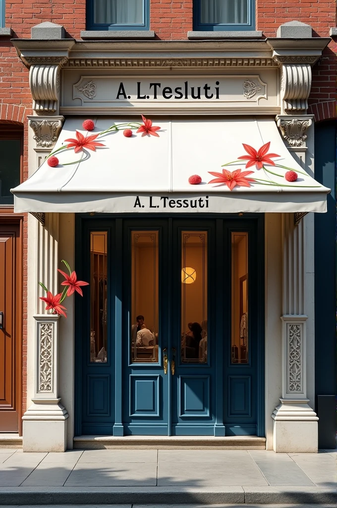 Facade of a men's and women's tailor shop whose name is A.L Tessuti with French doors are dark blue and the white awning has red spider lilies drawn on it. The side pillars have deep arabesques drawn on the white marble and brown bricks that make up the store. Next door is a simple and even poorly kept hat shop with a plain brown door.