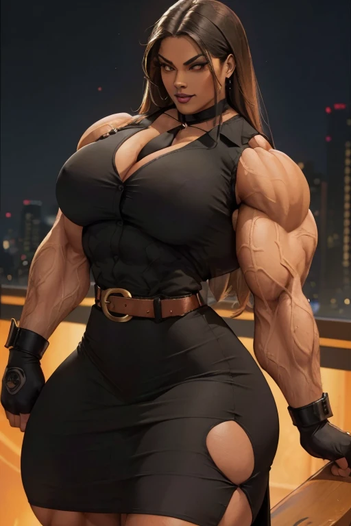 ((Close-up)), tall, (black hair), beautiful muscular woman, long straight hair, brown skinned, closed smile, large breast, (black lipstick), (massive muscles), (hyper muscle), ((ginormous bulky muscles)), orange eyes, (((sleeveless black buttoned dress shirt))), ((black pencil skirt with belt)), (fingerless gloves), (necktie), (leggings), college rooftop,