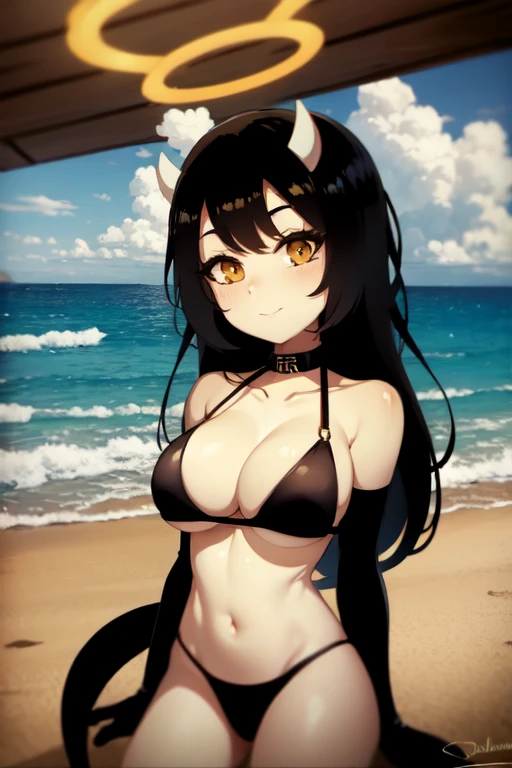 AliceAngel. bendy and the ink machine. halo, demon horns. yellow skin, long black hair. sling bikini. White and yellow. Beach