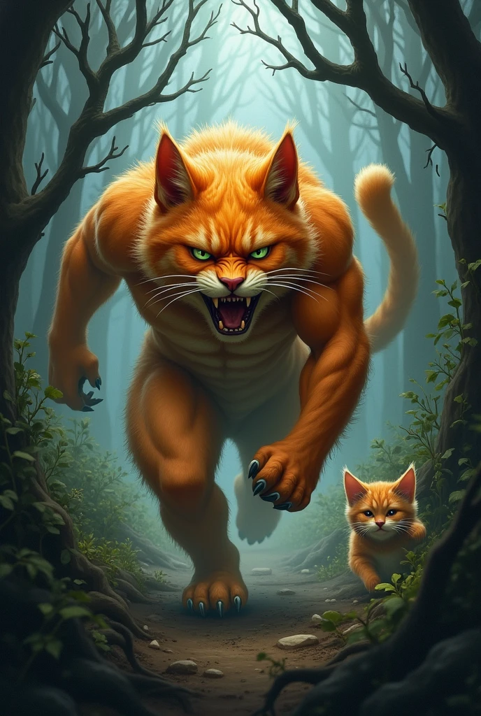 **Blaze Charging Into the Forest**:
- *Prompt*: "A powerful orange cat with a human body running through a dark, eerie forest. His muscles are tense, and his eyes are focused, as he follows the scent of his missing kitten. The forest is dense with twisted trees, dark shadows, and underbrush that Blaze is pushing through with determination."