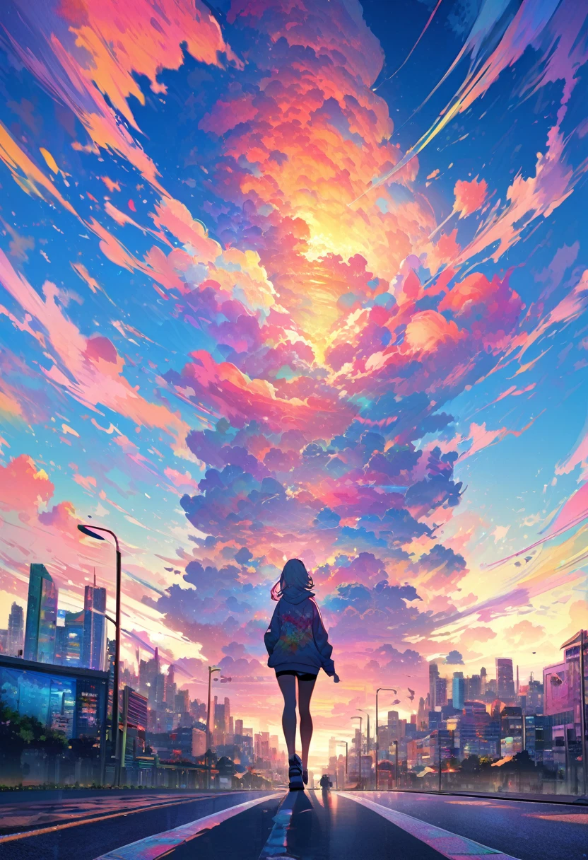 angelic, detailed woman who is walking, woman wearing hoodie, highest billding in city, road, sunrise, horizon, skyline, in the sky, city of clouds, colorful, high-res, 8K