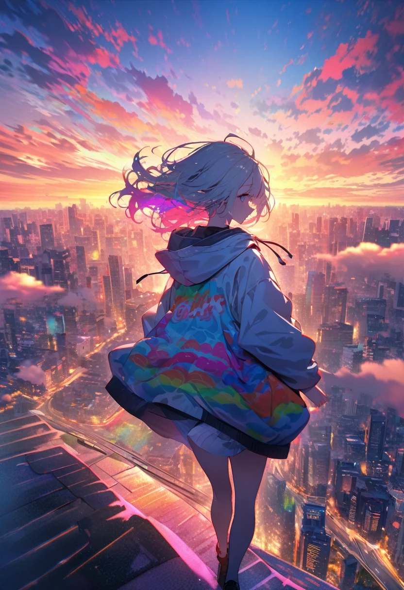 angelic, detailed woman who is walking, woman wearing hoodie, highest billding in city, road, sunrise, horizon, skyline, in the sky, city of clouds, colorful, high-res, 8K