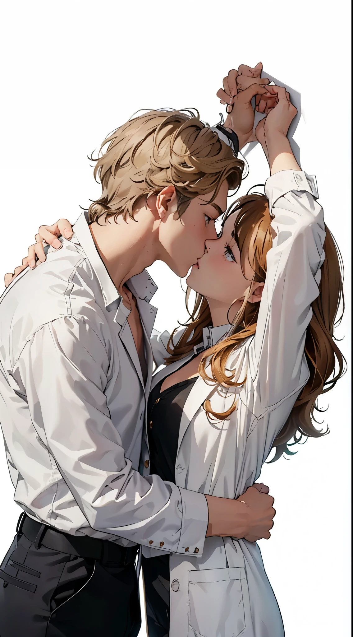 Upper Body,(一个帅气的金发欧美男子kiss一个20岁的欧美女模特)kiss,Hands propped up on the wall,Golden brown hair,Ponytail,A boy,A girl,Boys wearing white shirts,Black suit pants,Girl wearing white coat,Black dress,(Blue Eyes:1.2),muscular,Caucasian ethnicity,Atmosphere,High Detail,Standing,The background is the laboratory