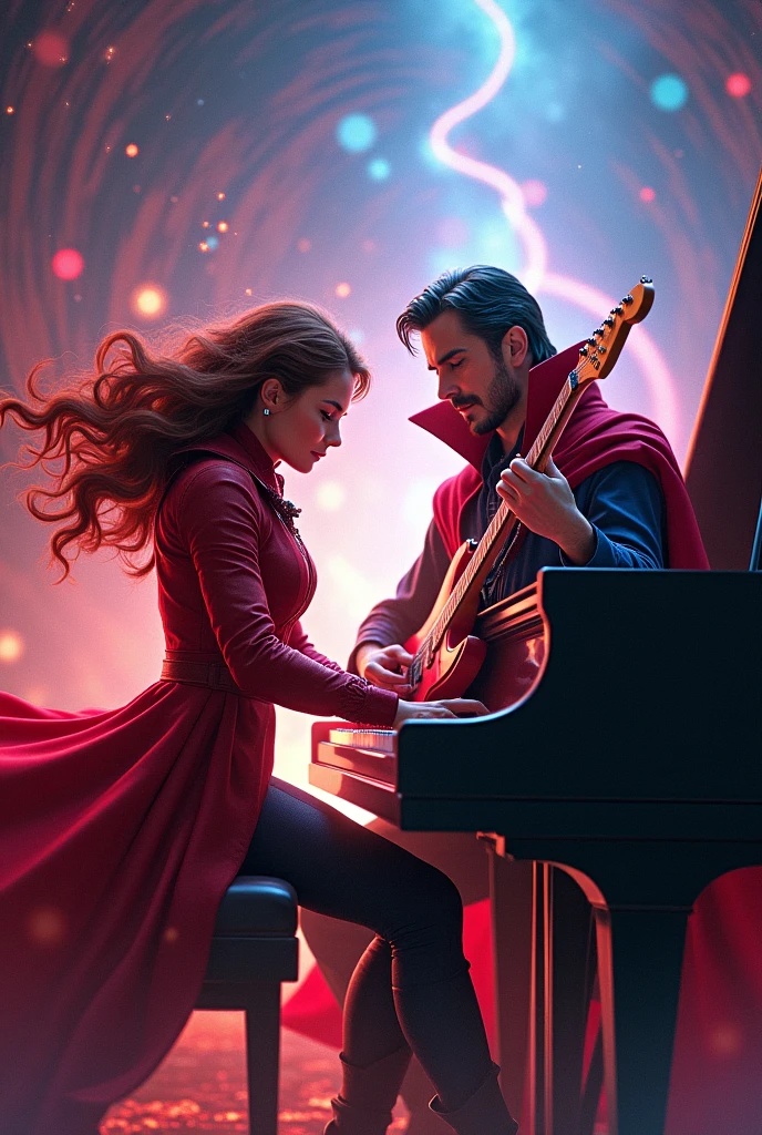 Draw Scarlet Witch and Marcel's Doctor Strange playing musical instruments