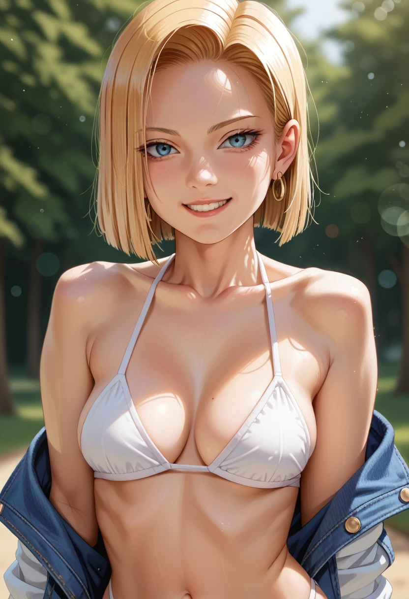 android 18, ( upper body closeup photo ), ( bokeh effect ), (cowboy shot), very seductive, seductively pose, smiling, cute, very cute, ultra high definition, work of art, Ultra-high quality, ultra detailing, 8k, in a bikini, white bikini, humida, Off The Shoulder, humida white bikini