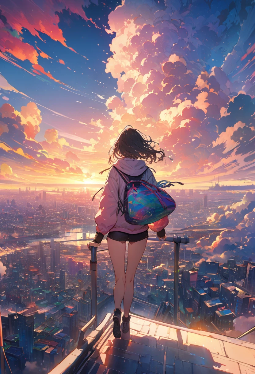 Create exquisite illustrations reminiscent of Makoto Shinkai's style, It has ultra-fine details and top-notch quality. angelic, detailed woman who is walking, woman wearing hoodie,  highest billding in city, road, sunrise, horizon, skyline, in the sky, city of clouds, colorful, high-res, 8K