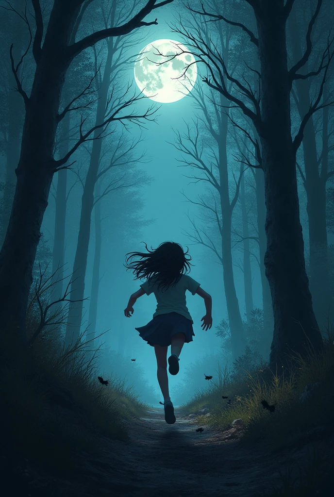 a moonlit night and a girl run in fear in the forest