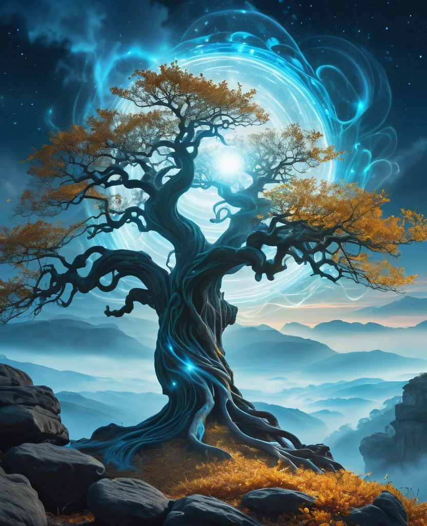 Surreal, fantasy-style digital artwork featuring a mystical landscape. The layout centers on a large, ancient tree with gnarled branches and golden leaves, standing atop a rocky hill. Beside the tree is a spectral figure shrouded in a flowing, ethereal cloak, emitting a radiant blue aura. The background is filled with swirling clouds and a vibrant, otherworldly sky, illuminated by a bright, glowing light source. The scene is enveloped in a misty, dreamlike atmosphere, with small, glowing particles scattered throughout the air, enhancing the magical ambiance.UHD, 4K, super detail, anatomically correct, highres