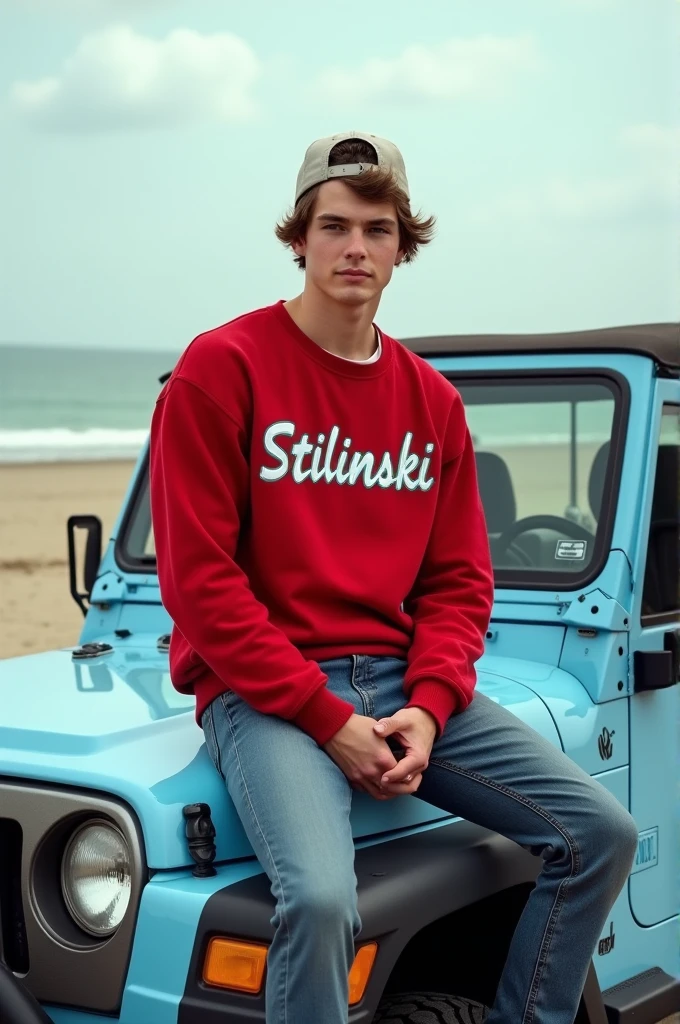 ((best quality)), ((masterpiece)), (detailed), perfect fac"Tall guy with short, straight brown hair and brown eyes, 20 years old, wearing a backward cap and a red lacrosse sweater with 'Stilinski' written on it, sitting on the hood of his light blue jeep in the middle of the road near a beach. Realistic image."