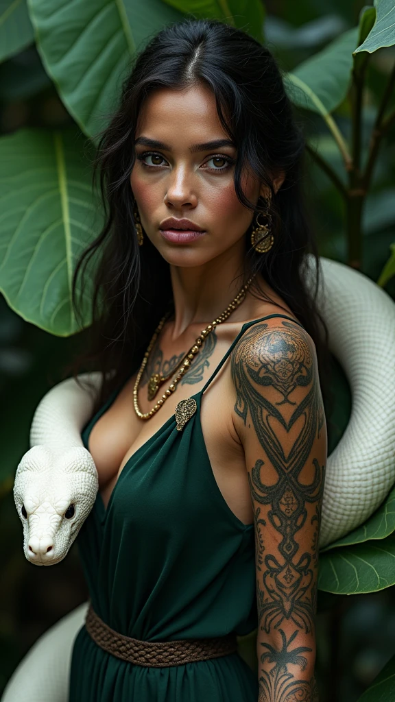 very beautiful woman with features of a beautiful Brazilian indigenous woman, wearing a dark green dress and jewelry that reminds us of snakes, her skin is covered in tribal tattoos that allude to snakes.high quality, (RAW photo, best quality), (realistic, photorealistic: 1.4), (extremely delicate and beautiful: 1.4), amazing, fine details, masterpiece, ultra detailed, high resolution, best illustration, best shadow, intricate, ( extremely intricate: 1.2), (exquisitely detailed skin), cinematic light, perfect ???????, (cool color: 1.4), sharp focus, 8k UHD, DSLR, (Fujifilm XT3),(iluminación cinematográfica :1.4), (fondo selva África hojas grandes silvestres :1.4), (pose americano :1.4), (rodeado de anaconda white gigante serpiente :1.4), (anaconda white grande :1.4) 