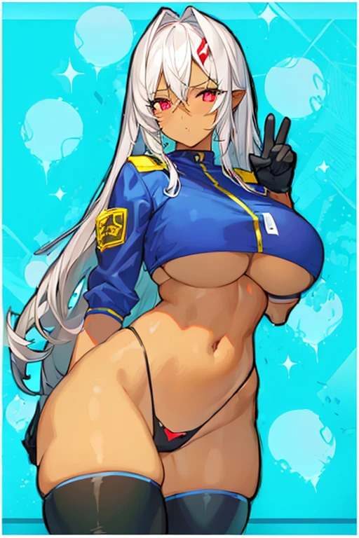 1girl, dark skin, dark-skinned female, red eyes, white hair, long hair, large breasts, thick thighs, underboob, hourglass figure, mature female, thighhighs, police, police uniform, parted lips, bikini, highleg bikini, peace sign, v, gloves, neon trim, trimmed thighhighs