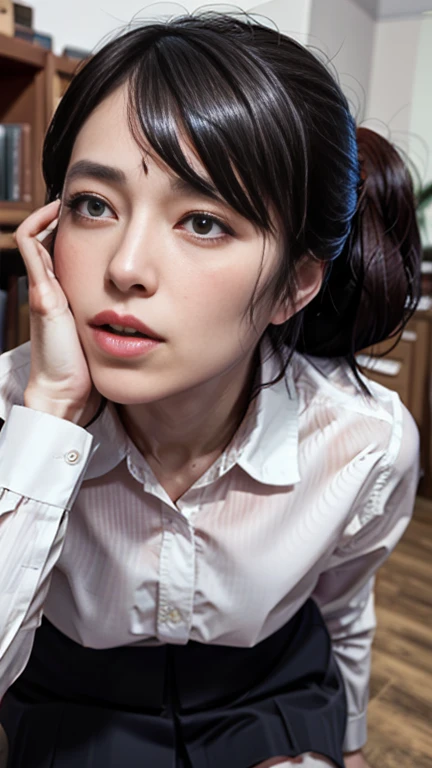 (nsfw:0), realistic, photo-realistic, best quality, masterpiece, high resolution, intricate details, extremely detailed, solo, a Japanese mature, open mouth, glossy lips, bangs, ponytail, lewd look, (hand to cheek), (shirt, skirt), detailed face, detailed dark eyes, sophisticated nose, pale skin, sweaty, shiny skin, photo background, indoors, home,