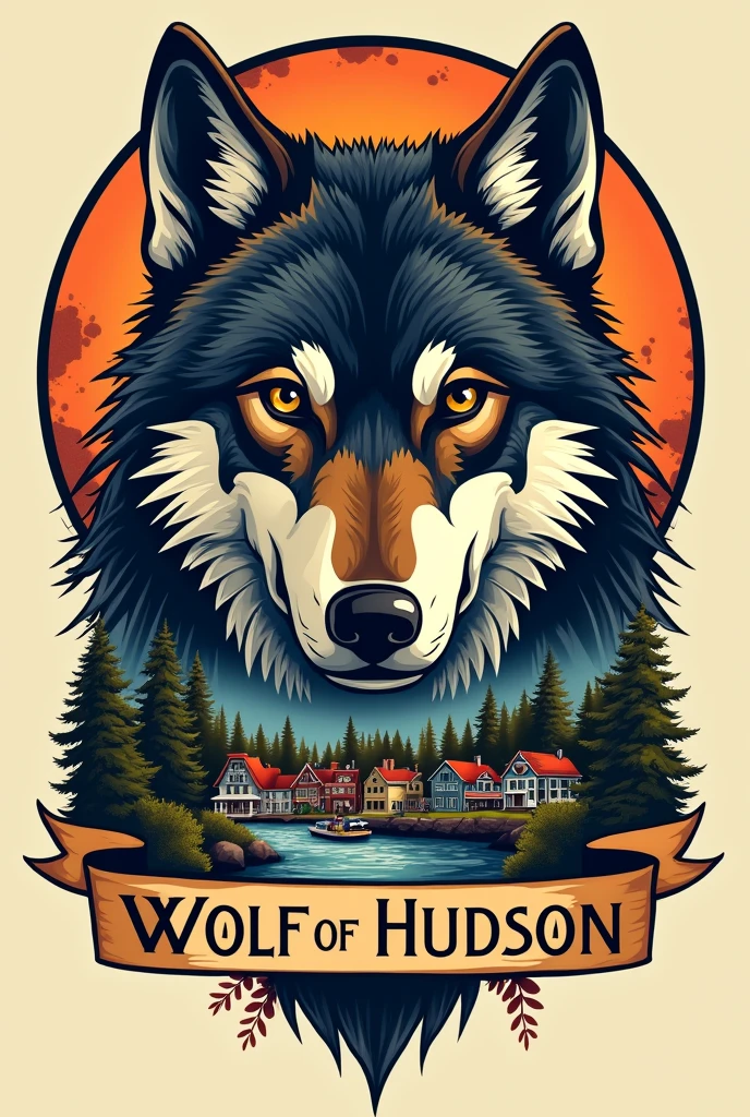 A simple (netter) Wolf's head directly below a front view of the small town of Hudson NY with a banner reading "The Wolf of Hudson" ( that should be a tattoo )