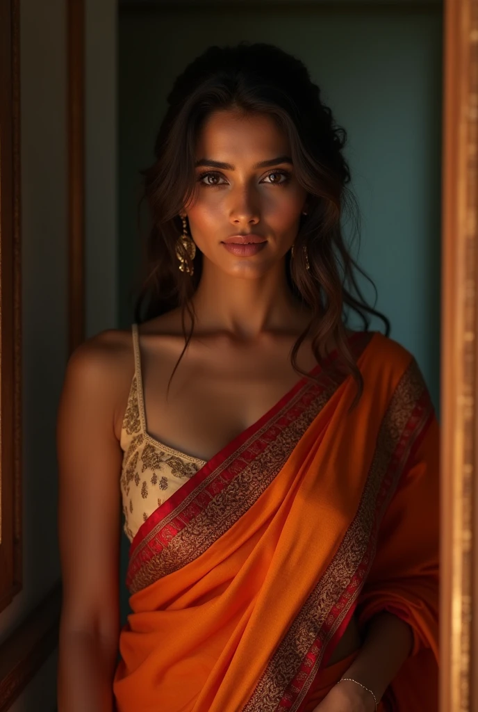 A 40 year old indian lady with average body in saree in a room by showimg s and navel