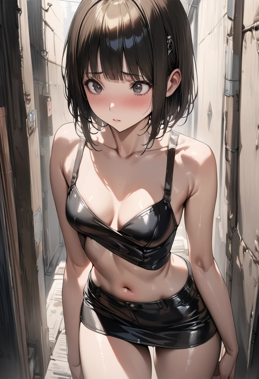 ((masterpiece,best quality anime,Highest quality:1.3)),realistic,cowboy shot,1woman,(30 year old beauty),((very small head:1.4)),((very long body:1.4)),(short bob hair),black hair,(gorgeous big eyes),black eyes,shy,((slender body:1.4,skinny:1.3)),medium breasts(Punk Fashion、Black leather rider jacket,navel、Black leather mini skirt,Black tank top)、oily skin,gleaming skin,shiny skin,standing、Alley,New York City、