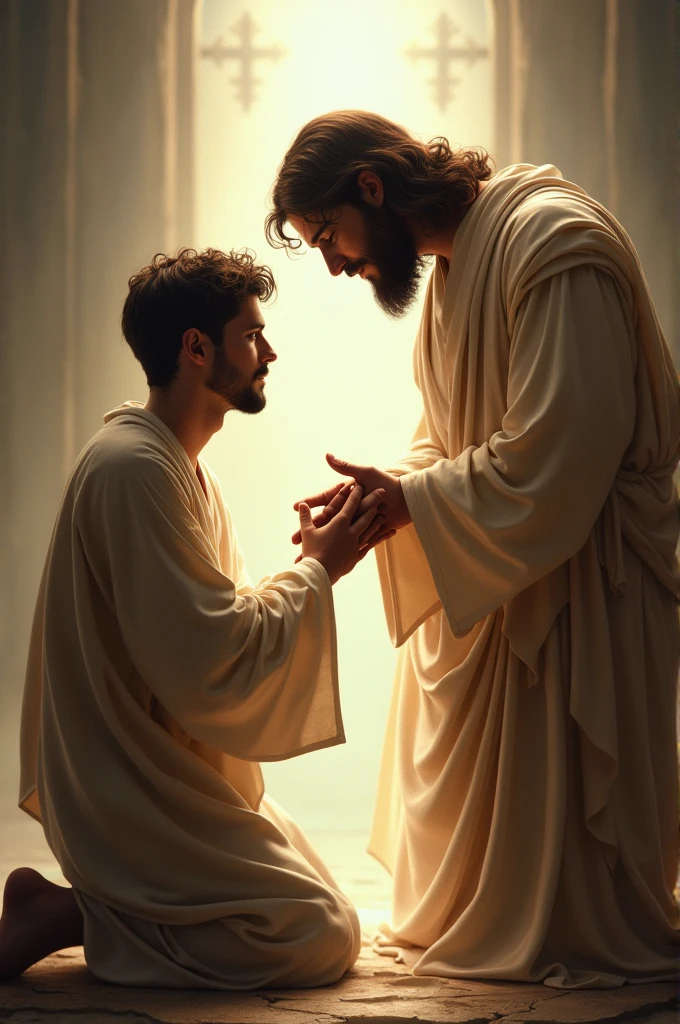 Young man kneeling before the merciful Jesus pouring out his mercy 