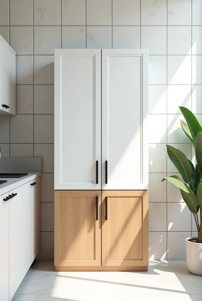 Small kitchen cabinet, white on top and wood on the bottom. With black handle and doors with frame crease With white marble countertop, sink with tile on the back wall in a 20cm by 20cm square format