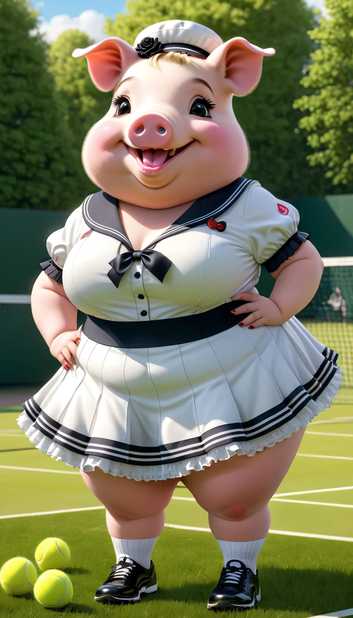 photorealistic portrait of Dressed animals - a ((fat)) ((pig)) tennis player,(hands on hip:1.5),(happy smile),(elegant pose:1.5), high quality,(lovely smile:1.5) ,intricate detailed frills and ribbon, highly detailed (Gothic & Lolita tennis wear),short skirt, sox and tennis shoes, grass tennis court background, (happy), perfect lighting,(full body image:2.0),score_9, score_8_up, score_7_up, score_6_up, score_5_up, score_4_up,(looking at viewer:1.5)