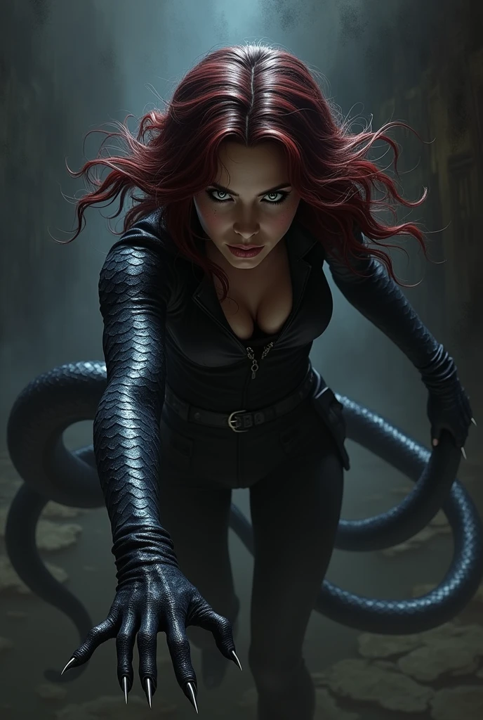 Black widow, marvel comics, no legs, lamia, snake tail for legs, coming for you, wants you, desperately reaching, snake body, lamia body