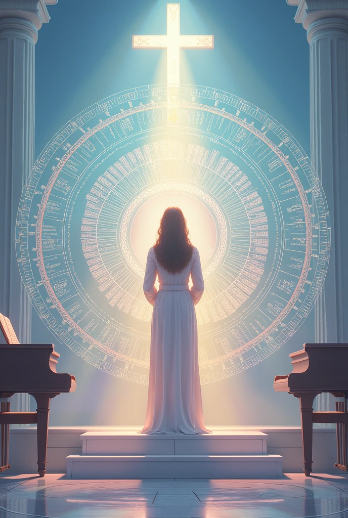 Create a Mandala in which you use pastel and gradient colors like sky blue, purple, White and pink includes objects that highlight being a woman who serves Christ in a Christian church, such as the piano, The cross and the bible also includes drawings of the topographic study such as green areas and great places to measure.