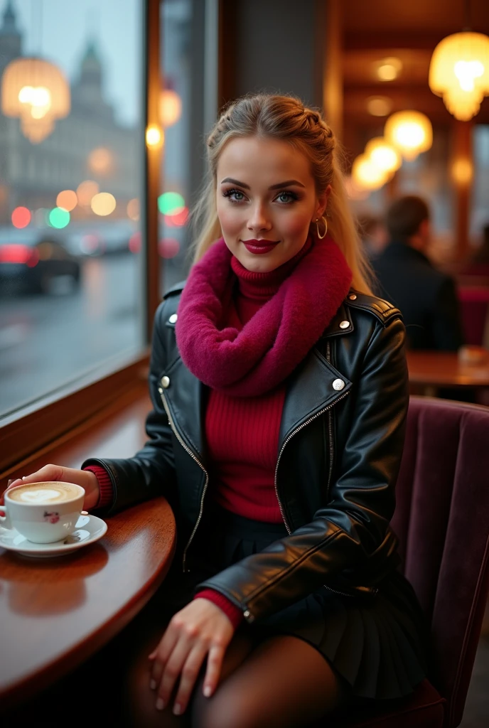 professionally color graded photograph. full body view. A young, athletic Russian woman. slavic facial features. large breasts. lobg strawberry blonde hair braided up. classy makeup. black eyeliner. rouge blush. glamorous eyelashes. glossy wine red lips. Wearing red turtleneck sweater. Black pleated skirt. Winter thigh high stockings. Black leather high heeled boots. Black leather fitted motorcycle jacket with clasps. Long fuscia wool scarf around neck. Small leather purse worn across shoulder. sitting across from viewer at a table at a cafe in Moscow. Havibg tea, coffee and cakes. Other patrons. romantic lighting. Fog and rainy night seen from side window. traffic. Resting hands on table. Staring at viewer, smiling. Enamored with viewer. (happy smile). dimples. POV from front.
