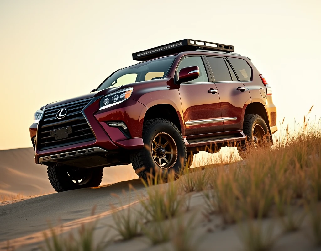 3/4 shot of a Maroon Lexus GX 460 with black trim built like an overlander-style SUV with a light bar and a roof rack with plenty of scratches and Patina on the surface, Bronze Wheels and Offroad tires, climbing a dune at the beach at sunrise. Seagrass with a small amount of dew blowing in the morning breeze.