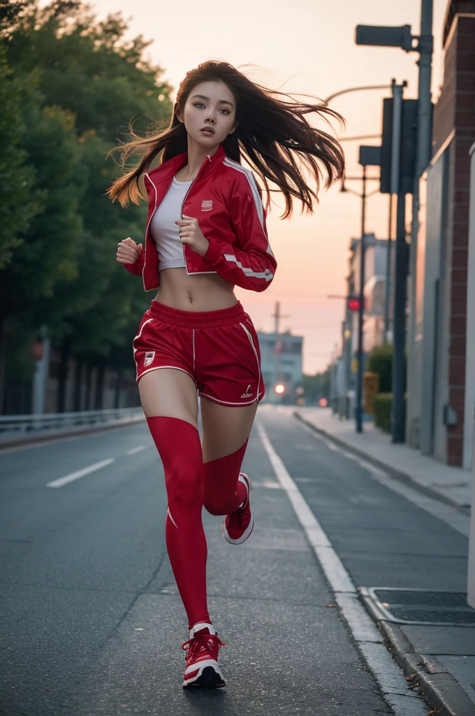 Running at dawn. A young beauty wearing red sport jacket and red sport long pants. Red sport clothes. Long hair. A closer look. Ultra-high definition. Red one-pant. Very short shorts.