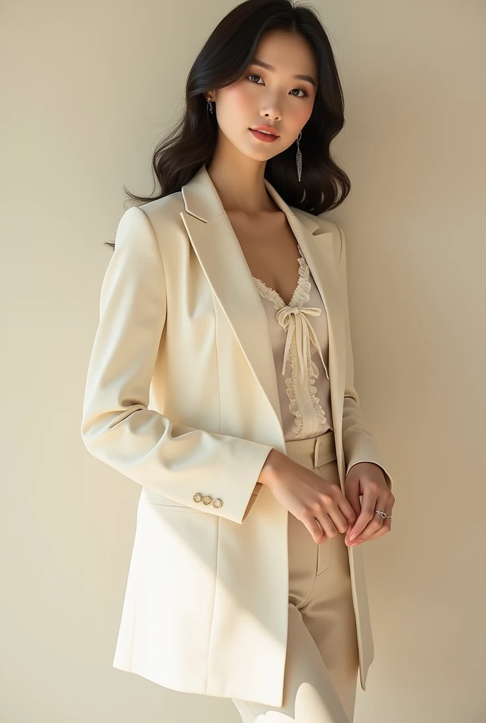 Korean female model wearing blazer, elegant blouse with ruffles, ties, pants and pumps. extremely elegant. Light beige tones.