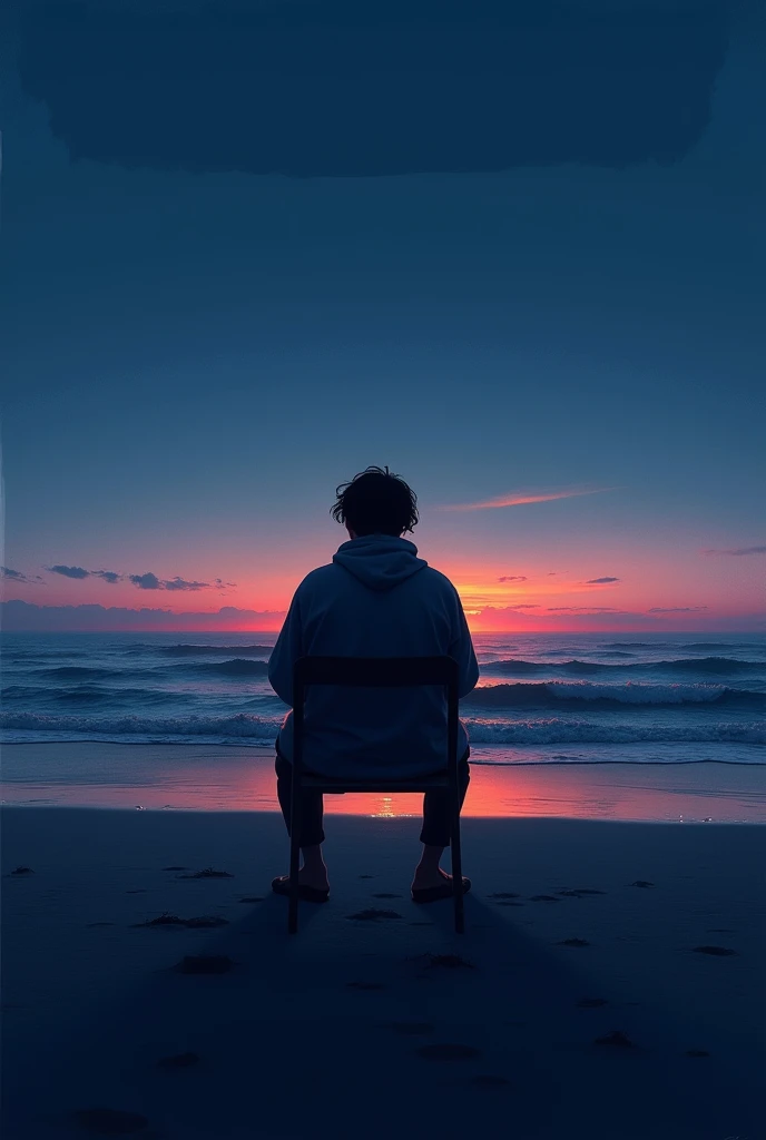 Person in a chair on the beach at purple night