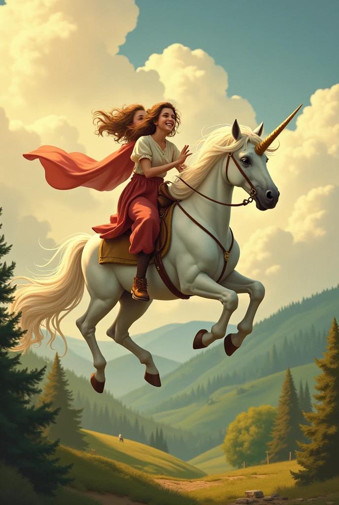2 peasant girls flying on a unicorn
