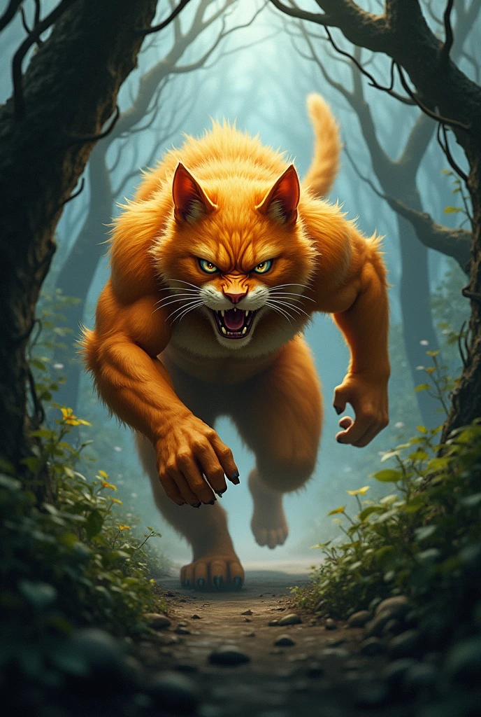 **Blaze Charging Into the Forest**:
- *Prompt*: "A powerful orange cat with a human body running through a dark, eerie forest. His muscles are tense, and his eyes are focused, as he follows the scent of his missing kitten. The forest is dense with twisted trees, dark shadows, and underbrush that Blaze is pushing through with determination."