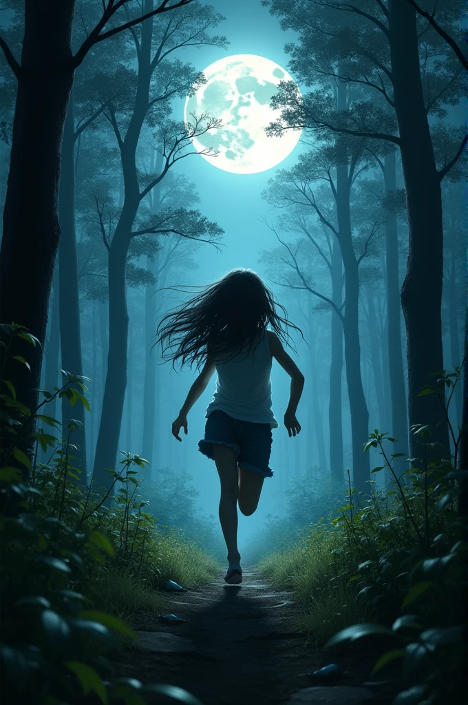 a moonlit night and a girl run in fear in the forest