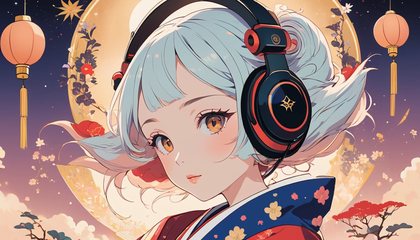 Japanese style headphones、Oiran、Wide-angle lens, Lofi Anime, Lofi illustration, Aesthetic atmosphere, Lo-Fi Style, Vector art, Flat Design, Simple shape, Warm tones, Pleasant atmosphere, Chill, In anime style, Digital drawing, Vector art, Vector logo for t-shirt printing, (Adorable:1.5), (small:1.4), (Playful:1.2), (soft:1.3), (Whimsical:1.1), masterpiece, Highest quality, 8k, Intricate details, grow, Celestial, Mysterious, Picturesque, amazing, Majestic, Magic, Fantasy art, Cover art, dream-like