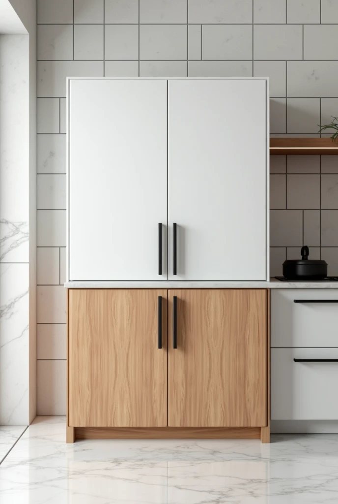 Small kitchen cabinet, white on top and wood on the bottom. With black handle and doors with frame crease With white marble countertop, sink with tile on the back wall in a 20cm by 20cm square format

