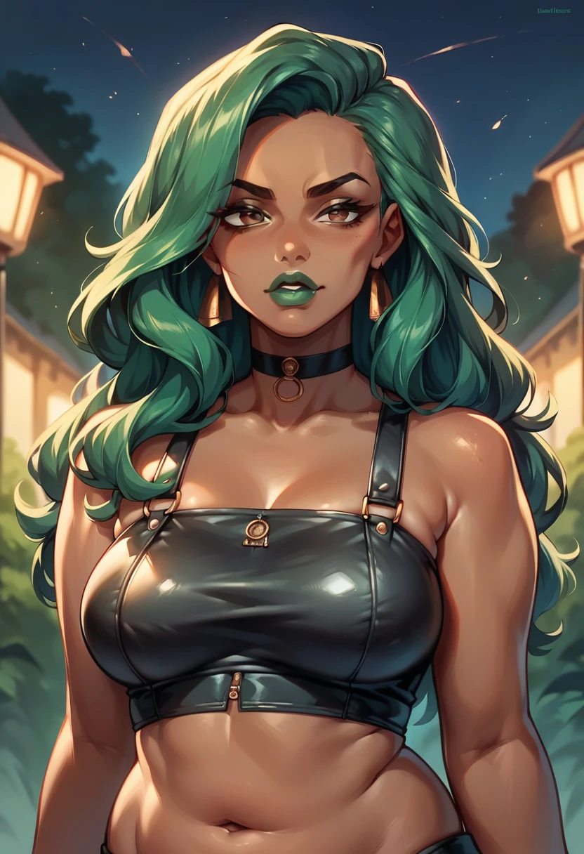 beautiful woman, ((african skin)), green hair, long hair, at night, green lipstick, black choker, chubby, posing, confident, leather clothes, evil face, portrait