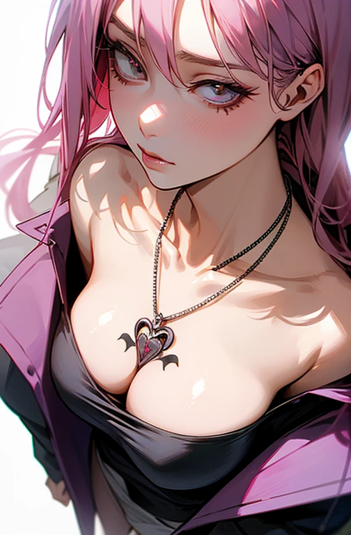 Cool women、sexy、Center of chest、Rize from Chainsaw Man、beauty、Yandere、、Face close-up、Kiss with your eyes closed、Chest tattoo、Christian Dior Necklace、(Background white)、