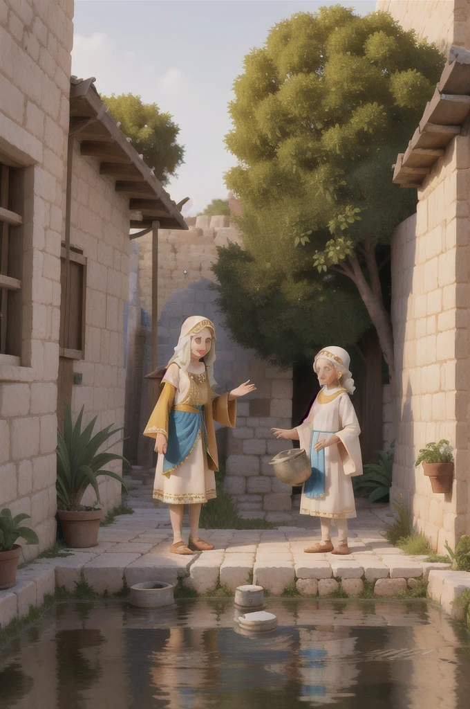 Create a young girl dressed in biblical-style robes, Talking to an old woman looking for water in a well, both with jugs in their hands, in a village in Jerusalem in biblical times