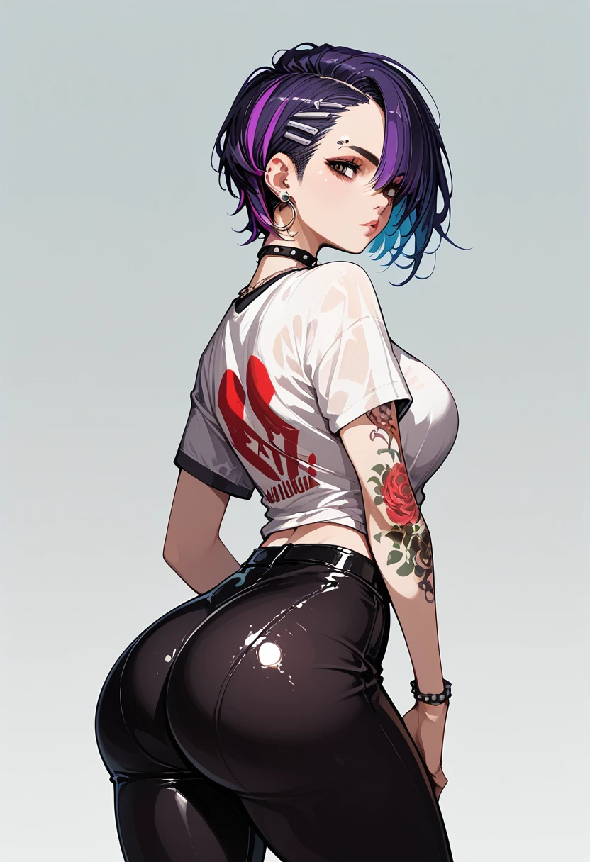 Beautiful punk curvy woman, big huge ass in leggings , big oiled butt, seductive face, piercing, tattoo, MAMACHI on t-shirt, sexy punk style, big curvy, t-shirt with name ((MAMACHI)), showing t-shirt, with the name on it, demon eyes glowing,