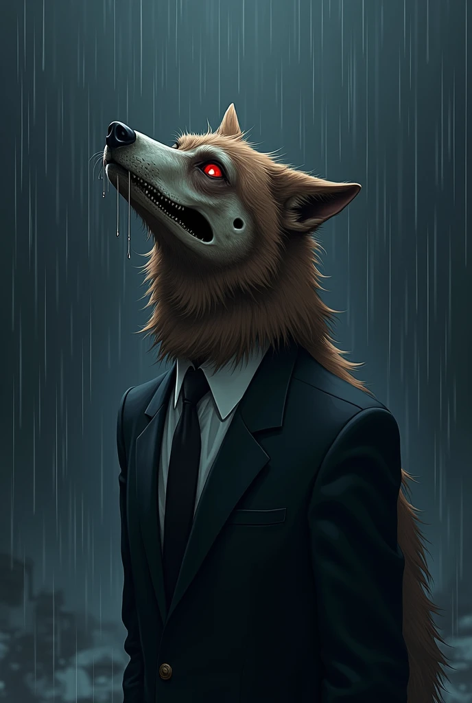 brown fur wolf, with the skull for a face, with red eyes wearing formal suit, Looking up crying, in the night rain anime style