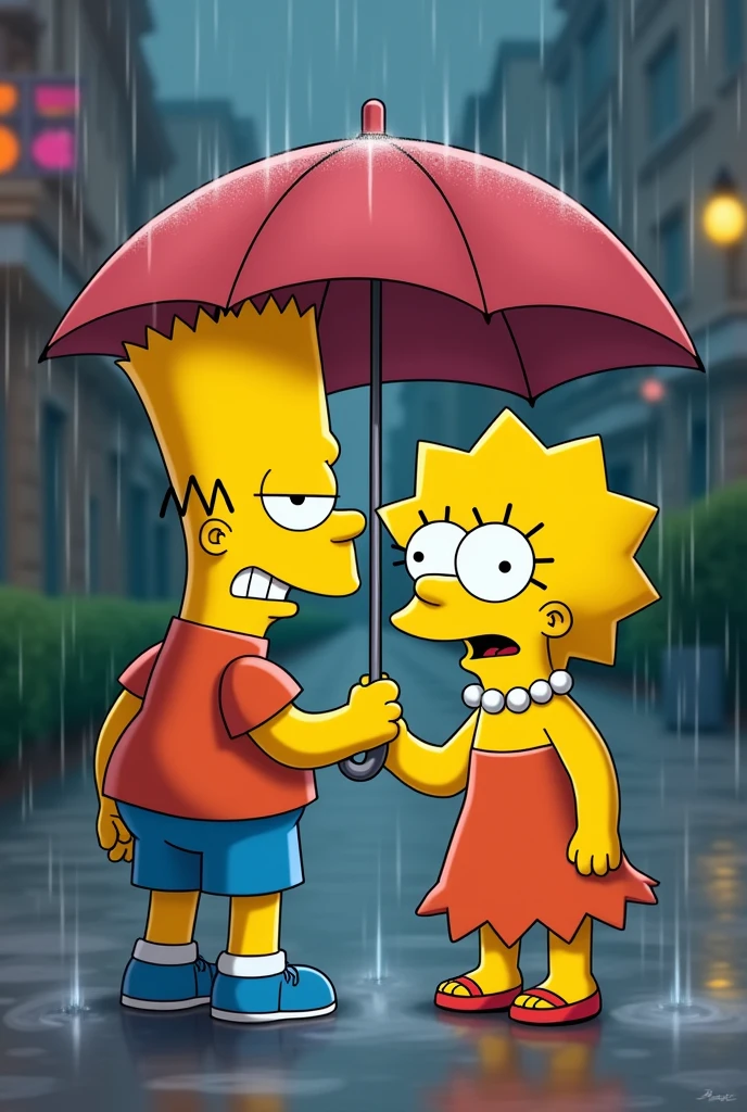 Brothers Bart and Lisa Simpson in a cute moment. Bart holds the umbrella with just one hand. Bart puts up the umbrella to protect Lisa from the rain. The umbrella is small. The umbrella is only over Lisa's head. Bart gets rain on his body. Bart back. Bart is angry. Lisa is the only one under the Umbrella. The umbrella is tilted towards Lisa.