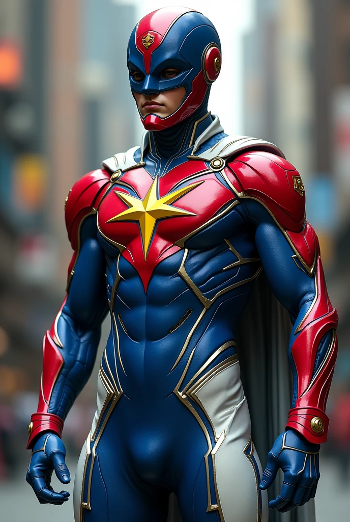 Male,Superhero,suit teknology ,with helmet mask,the suit red ,white and royal blue and have royal yellow star with crescent moon,and have small keris weapon emblem on the mask

