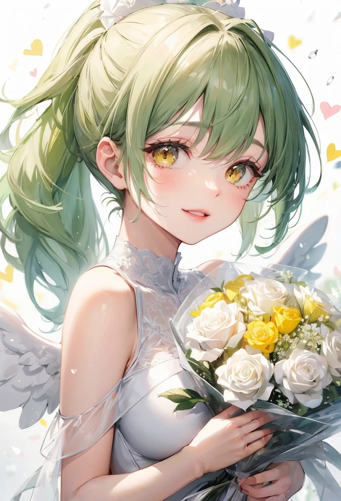 (perfect natural beauty style) (double exposure all season beauty), (pov, focus face, close up face, solo:2 15yo) (detailed ponytail) (immensely beautiful green hair long hair), (best cute girl) (immensely lovely yellow eyes) (ecstasy smile) (glossy lip) (medium:1.2 tits), in a best cute white angel leotard with double exposure:1.2 love hearts, break, hand holding a beautiful detailed big bouquet of white rose, break, ((background font is "Thanks")), BREAK, perfect anatomy, masterpiece, best quality, 16k, beautiful detailed thanks, daydreaming expression.
