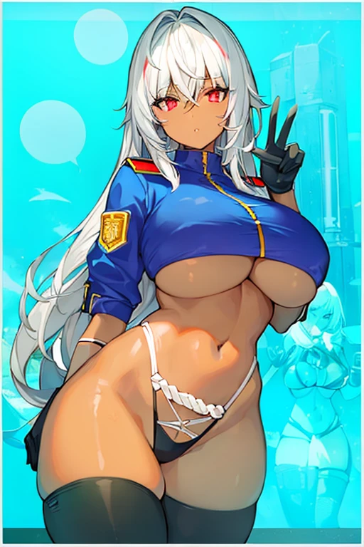 1girl, dark skin, dark-skinned female, red eyes, white hair, long hair, large breasts, thick thighs, underboob, hourglass figure, mature female, thighhighs, police, police uniform, parted lips, bikini, highleg bikini, peace sign, v, gloves, neon trim, trimmed thighhighs