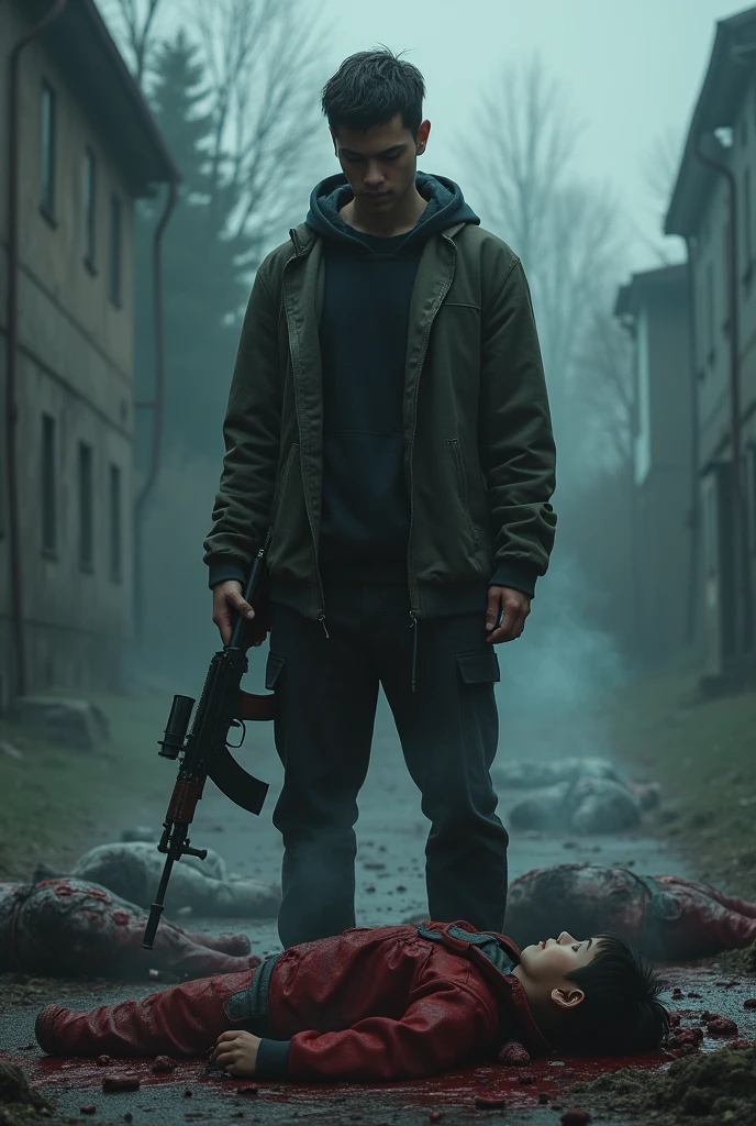 The Young Man Killed a Family with a Kalashnikov in His Hand. The Dead Family's Bodies are on the Ground, Covered in Blood. The Young Man Doesn't Go Over Them.