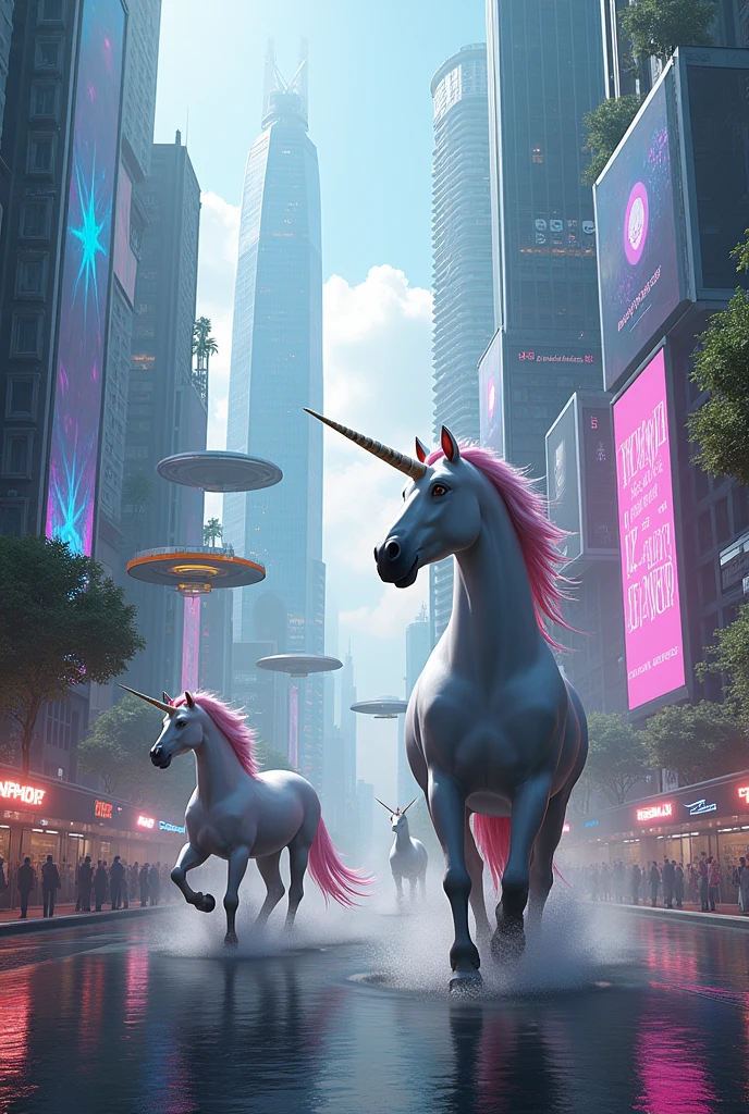 A futuristic city with unicorns 
