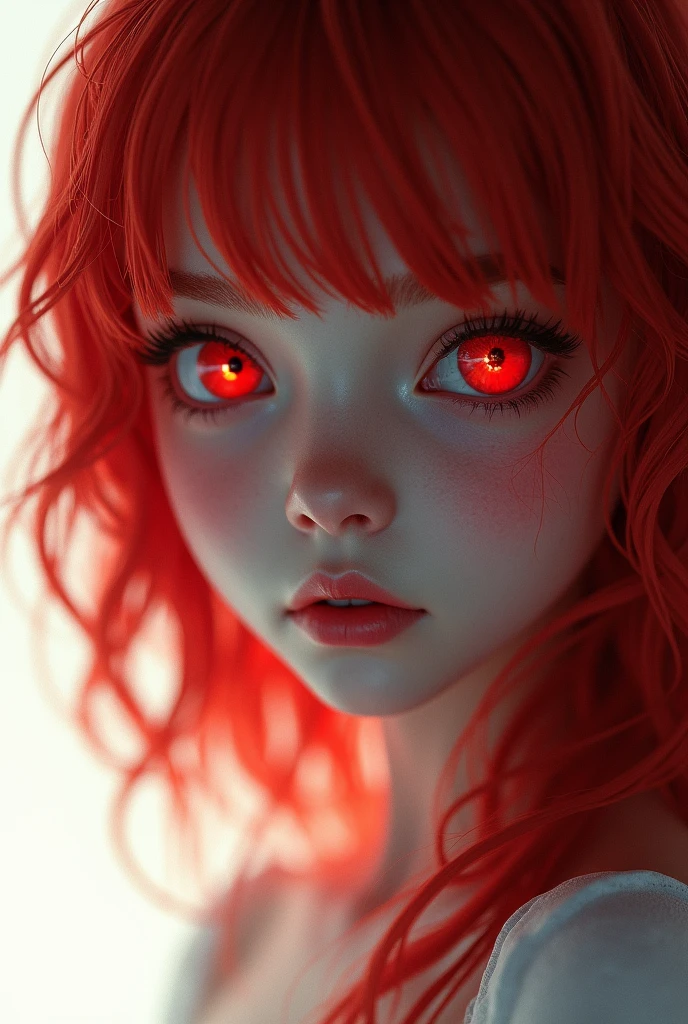 1 girl, star eye, blush, perfect lighting, Red hair, Red eyes, unreal engine, side lighting, detailed face, hits, shiny skin, simple background, white background and sky