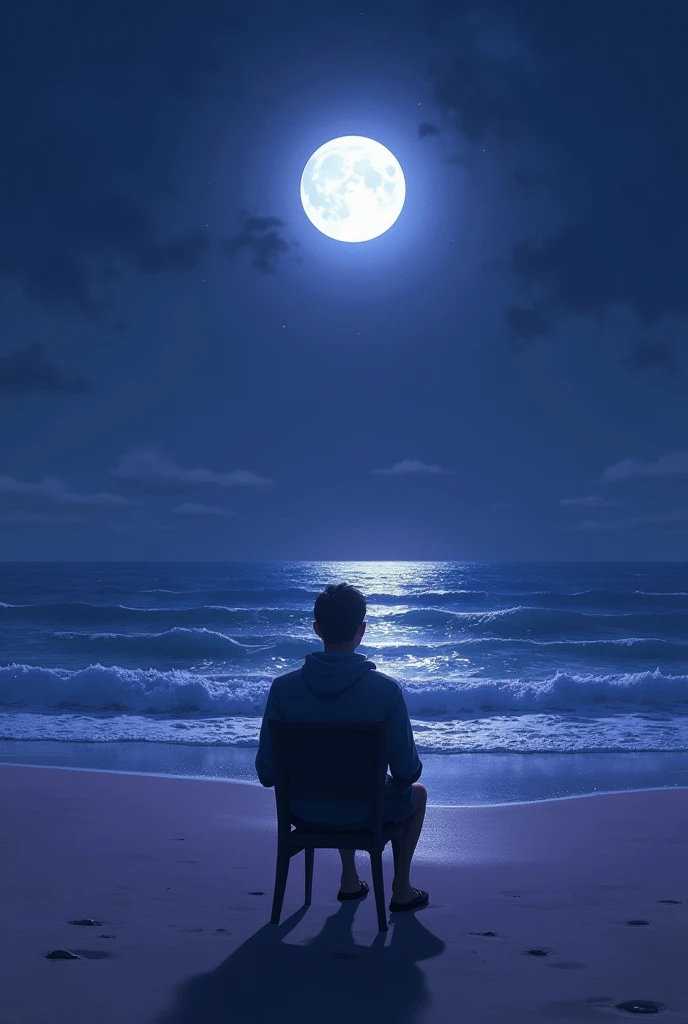Person in a chair on the beach at purple night with moon